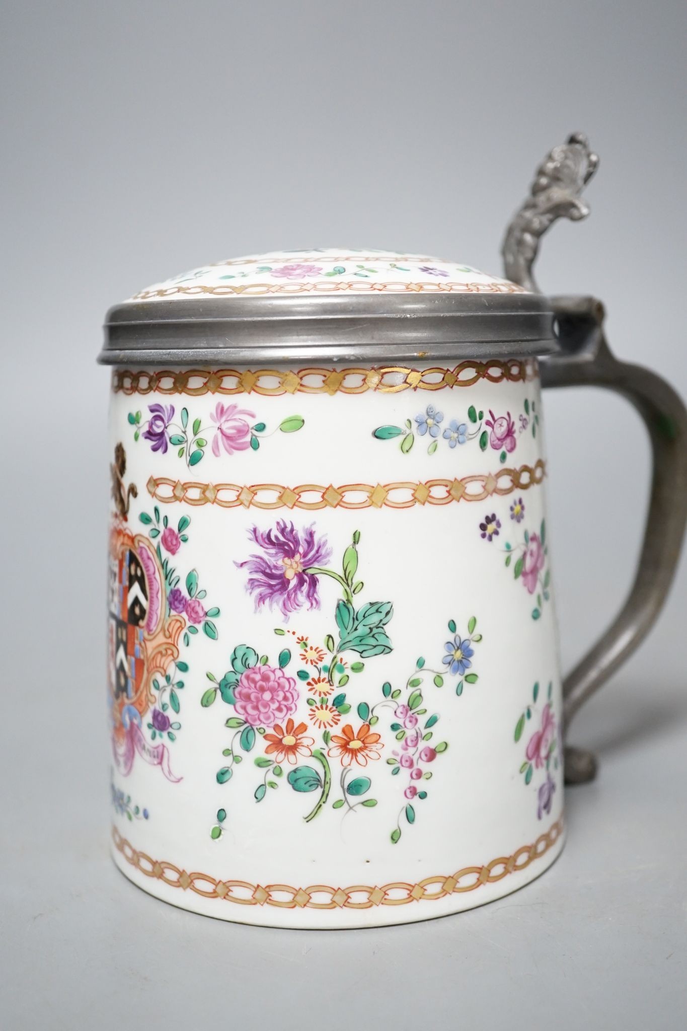 A Samson of Paris porcelain and pewter tankard, 17cm